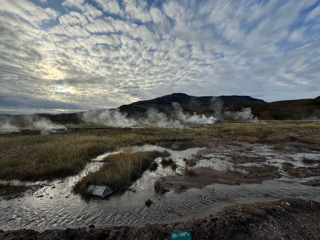 Steam rises from a geothermal field against