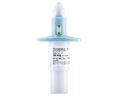 “Nasal spray device with a labeled white container and blue applicator.