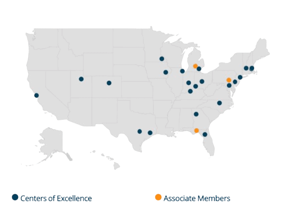 Map of the U.S. with dark blue dots for Centers of Excellence and orange dots for Associate Members