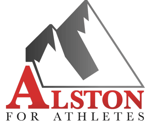 Alston for Athletes logo featuring a grey mountain silhouette and red and black text