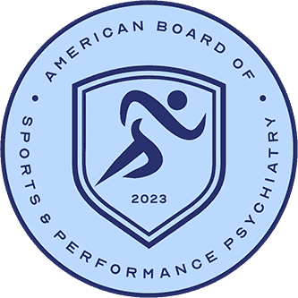 American Board of Sports Performance Psychiatry circular crest logo with an athlete silhouette