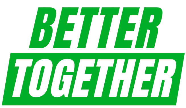 Better Together logo featuring bold green italicized block lettering on a white background