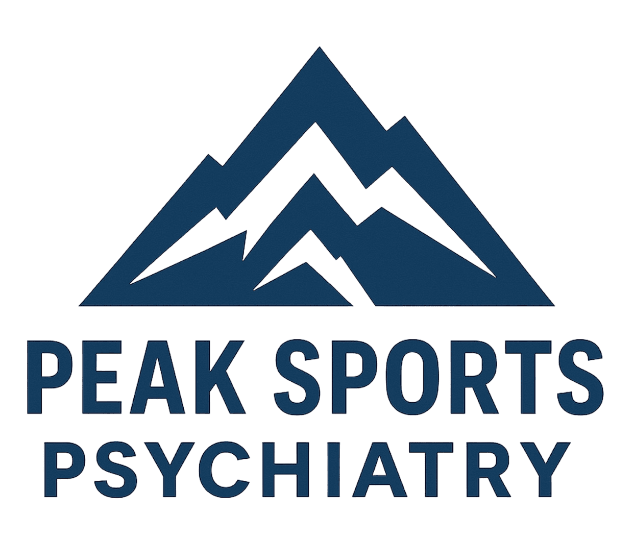 Peak Sports Psychiatry logo featuring a blue and black mountain peak silhouette