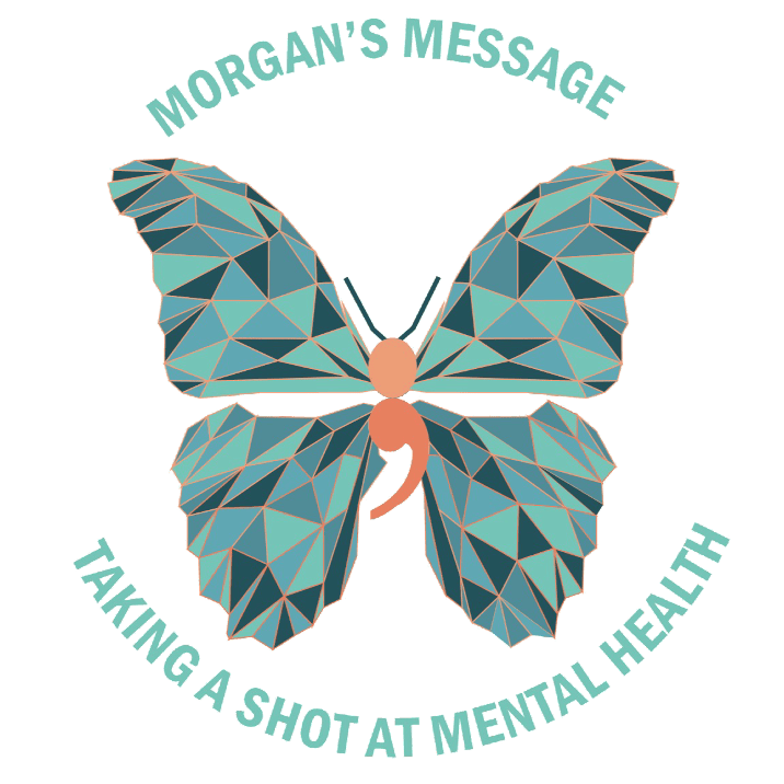 Morgan's Message logo featuring a large teal butterfly with floral patterns on its wings