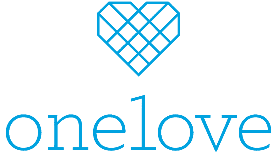 One Love Foundation logo featuring a blue outlined heart made of woven lines and the word onelove